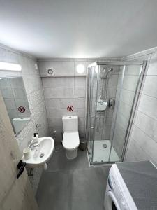 a bathroom with a shower and a toilet and a sink at Albert's apartment Marina 15 in Larnaca