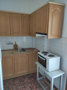 cocina con armarios de madera y estufa blanca en Olympus apartments en Litóchoron