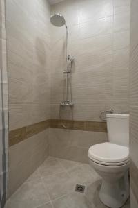 a bathroom with a toilet and a shower at Black Sea Dolphin Apartment in Varna City