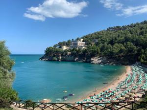 ein Strand mit Sonnenschirmen und Menschen im Wasser in der Unterkunft Villetta Lilly - Belvedere Pugnochiuso - Gargano in Vieste