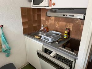eine kleine Küche mit einer Spüle und einer Mikrowelle in der Unterkunft APPARTEMENT VUE MONTAGNE AU PIED DES PISTES in Allos