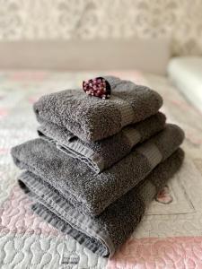 uma pilha de toalhas sentadas em cima de uma cama em Venta apartament em Mažeikiai