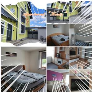 un collage de fotos de un dormitorio y una casa en Apartment Karin, Eigener Eingang, 3 Schlafzimmer, Doppelcarport, en Langenwang