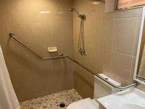 a bathroom with a shower stall and a toilet at Gateway Motor Inn in Narrandera