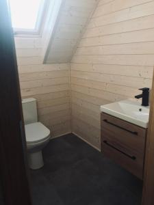 a bathroom with a toilet and a sink at NORBEA Domek na Łąkowej in Sasino