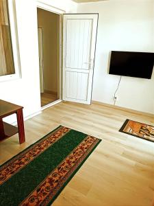 uma sala de estar com um tapete no chão e uma televisão em Roshel em Bosteri