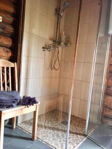 a shower with a glass door next to a wooden chair at Poilsio namelis Plateliuose in Plateliai