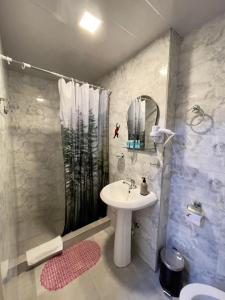 a bathroom with a sink and a shower at Hotel Maria in Tbilisi City
