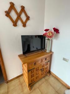 telewizor na drewnianym stoisku z wazą kwiatów w obiekcie Apartamentos Piedra de la Garza 1A w mieście Valle Gran Rey