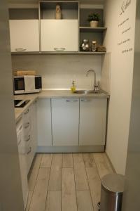 una pequeña cocina con armarios blancos y fregadero en Apartment Elize, en Zagreb