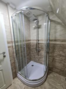 eine Dusche mit Glasabtrennung im Badezimmer in der Unterkunft RM Festival Rooms Guca in Guča + 35 Fotos