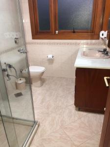 a bathroom with a shower and a toilet and a sink at Casa Portanova Luxe - A 1,5km da Rua Coberta in Gramado