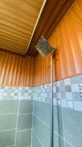 a shower in a room with a wooden ceiling at Gems Palace Hotel Sost in Gircha
