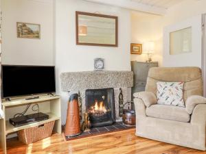 a living room with a fireplace and a television at Vis Valley View in Pentewan