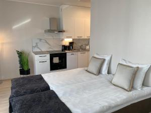 ロヴァニエミにあるホテル アーケヌス アパートメント コルカロのベッドルーム1室(大きな白いベッド1台、枕2つ付)