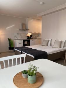 a bedroom with two beds and a table with plants at Korkalot in Rovaniemi