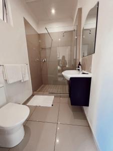 La salle de bains est pourvue de toilettes, d'un lavabo et d'une douche. dans l'établissement Coco Lodge, à Mthatha