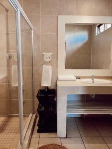 La salle de bains est pourvue d'un lavabo et d'une douche. dans l'établissement Coco Lodge, à Mthatha