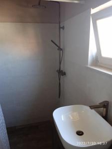 y baño con lavabo blanco y ducha. en Apartments Ribić, en Umag