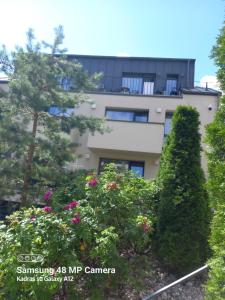 un edificio con cespugli e fiori di fronte di Dviejų kambarių butas a Palanga