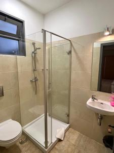 a bathroom with a shower and a toilet and a sink at Abrigo do Portinho in Vila Praia de Âncora