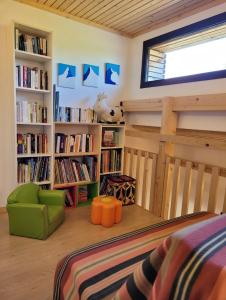 1 dormitorio con estanterías de libros, 1 cama y ventana en Chalet Spa Fora Pista, en Bolquere Pyrenees 2000