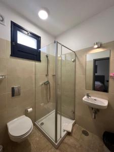 a bathroom with a shower and a toilet and a sink at Abrigo do Portinho in Vila Praia de Âncora