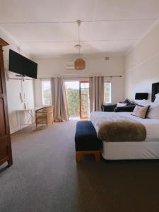a bedroom with a bed and a desk and a television at Ebony Moon in Mthatha