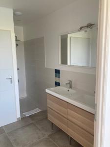 bagno con lavandino e specchio di DOMAINE FORVENT a Saint-Julien-de-Peyrolas