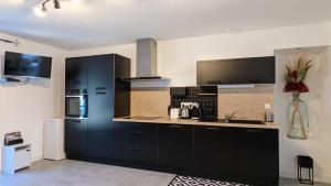 a large kitchen with black cabinets and appliances at Le petit Moulin de la Motte in Bellenot-sous-Pouilly