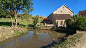 uma casa antiga ao lado de um rio com um edifício em Le petit Moulin de la Motte em Bellenot-sous-Pouilly