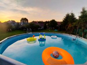 ein großer Swimmingpool mit Spielgeräten im Garten in der Unterkunft Michówka in Mikoszewo