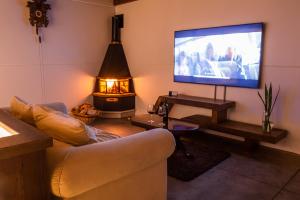 a living room with a couch and a flat screen tv at Loft Industrial 485 na Serra - Bento Gonçalves in Bento Gonçalves
