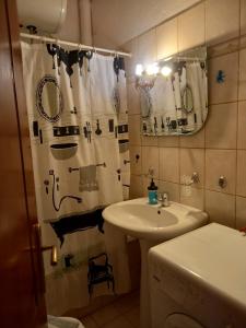 a bathroom with a sink and a shower curtain at Flisvos Apartments in Megalochori