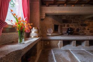 uma lareira de pedra com um vaso de flores numa saliência em Casa de Miranda em Ézaro