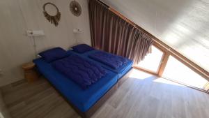 a blue bed in a room with a window at Breezand Beachhouses in Vrouwenpolder