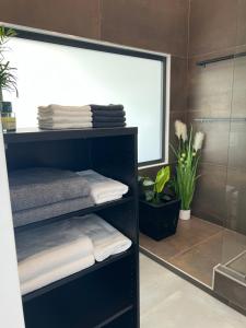 a bathroom with a black shelf with towels at ARIS Apartman in Balatonvilágos