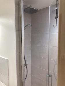 een douche met een glazen deur in de badkamer bij La Maison du Cocher - Chambre indépendante climatisée en Hypercentre - Lit Queen Size in Angers