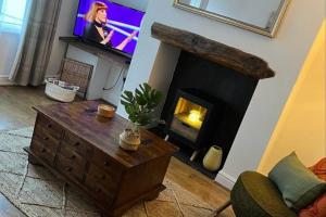 a living room with a fireplace and a tv at Cosy 2 bed terraced house in Conwy in Conwy