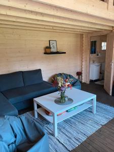 een woonkamer met een blauwe bank en een salontafel bij Ciemiņos 
