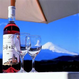 una bottiglia di vino seduta accanto a due bicchieri di vino di Hotel Winery Hill a Izu