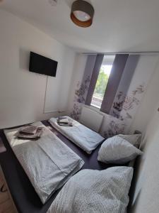 2 Betten in einem Zimmer mit einem TV und einem Fenster in der Unterkunft Ferienwohnung Noah in Merseburg
