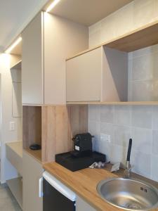 um balcão de cozinha com um lavatório e um micro-ondas em Vista Al Mare Luxury Apartments em Gialova