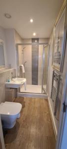 a bathroom with a toilet and a sink and a shower at Empress at College - Spacious 2 bedroom apartment in Southampton