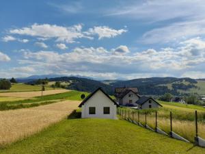 a house in the middle of a field with a fence at Domek na Kępie in Sromowce Wyżne