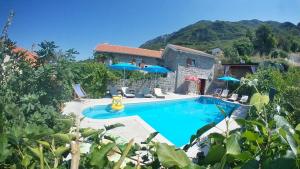 a swimming pool with umbrellas in front of a house at Mediteraneo Villa in Kaluđerovići