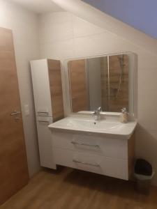 La salle de bains est pourvue d'un lavabo blanc et d'un miroir. dans l'établissement Ferienwohnung Anika, à Kleinlobming