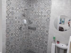 a bathroom with a shower with a toilet and a sink at The Guesthouse Klerksdorp in Klerksdorp