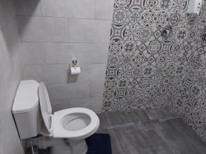 a bathroom with a toilet and a shower curtain at The Guesthouse Klerksdorp in Klerksdorp