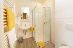 a bathroom with a shower and a sink at Panorama-Landgasthof Ranzinger in Schöfweg